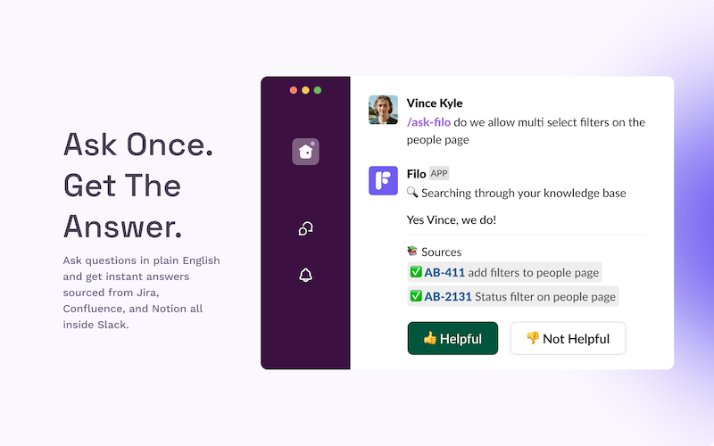 Filo AI search in Slack showing semantic search results from Notion, Jira, and Confluence with source links
